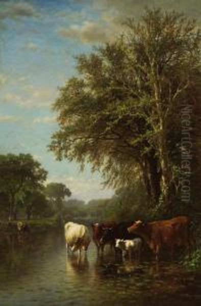 Cows In A Stream Oil Painting by James McDougal Hart