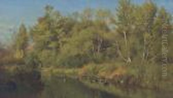 Ducks On A Stream In A Landscape Oil Painting by James McDougal Hart