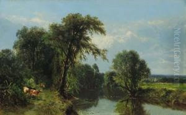 Cattle And Ducks In A River Landscape Oil Painting by James McDougal Hart