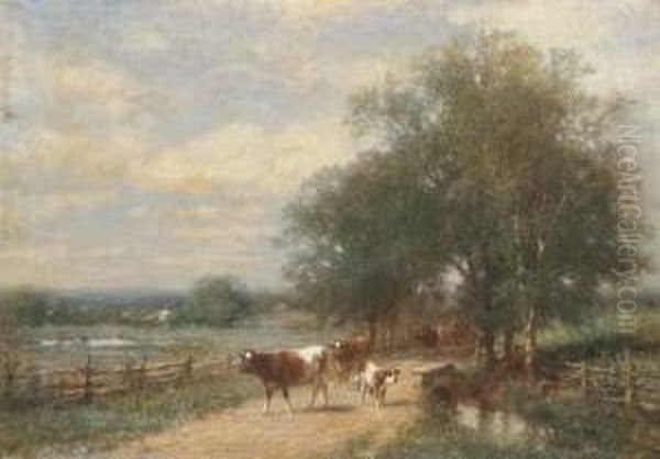 Cows On A Lane In A Landscape Oil Painting by James McDougal Hart