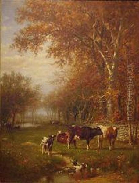 Cows Before A Watering Hole Oil Painting by James McDougal Hart