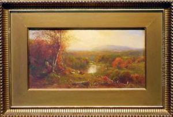 Cows At Rest By A Lake In An Autumn Landscape Oil Painting by James McDougal Hart