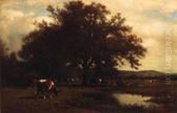 Cattle Grazing Before A Pond Oil Painting by James McDougal Hart