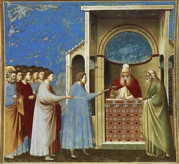 No. 9 Scenes from the Life of the Virgin- 3. The Bringing of the Rods to the Temple 1304 Oil Painting by Giotto Di Bondone