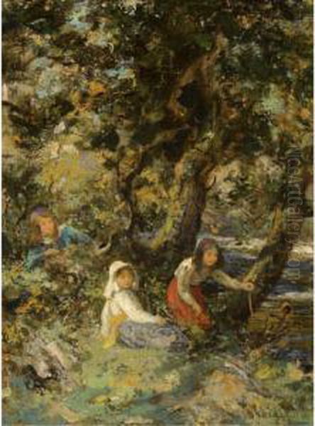 Girls On A River Bank Oil Painting by William Stewart MacGeorge