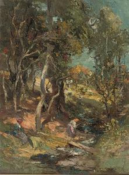 Fishing In A Wooded Burn Oil Painting by William Stewart MacGeorge