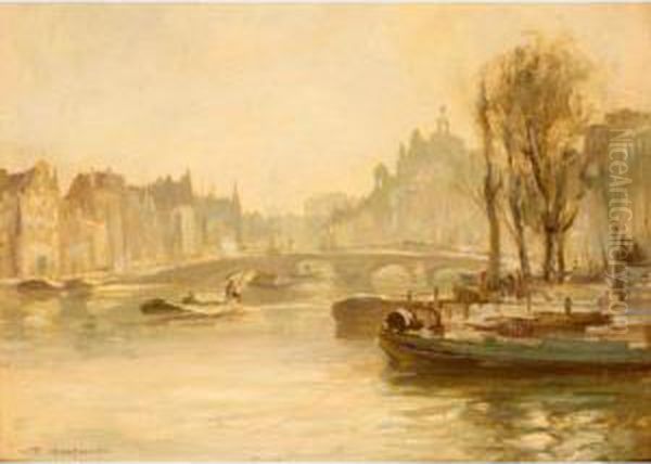 River Town Scene Oil Painting by William Stewart MacGeorge