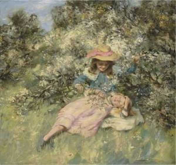 Children Amongst Spring Blossom Oil Painting by William Stewart MacGeorge