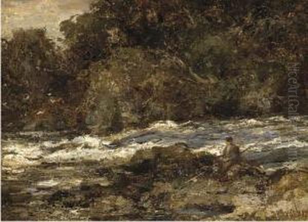 An Angler On The Bank Of A Rocky River Oil Painting by William Stewart MacGeorge