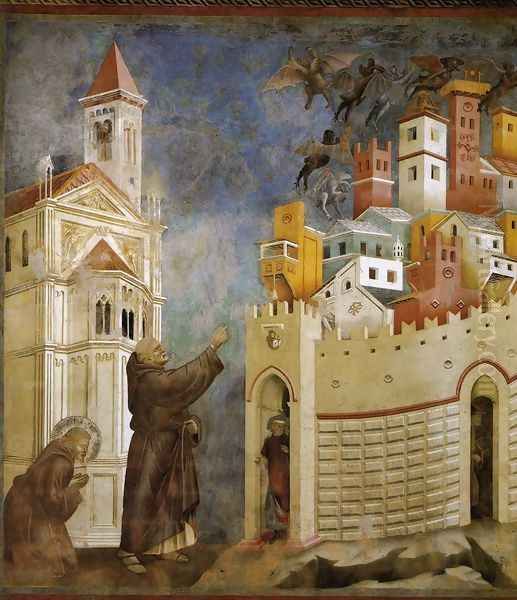 Legend of St Francis- 10. Exorcism of the Demons at Arezzo 1297-99 Oil Painting by Giotto Di Bondone