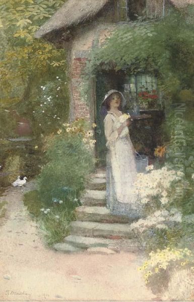 Picking Flowers By The Mill Oil Painting by James Mackay