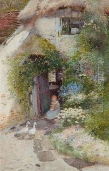 A Child And Two Ducks Outside A Thatched Cottage Oil Painting by Thomas Mackay