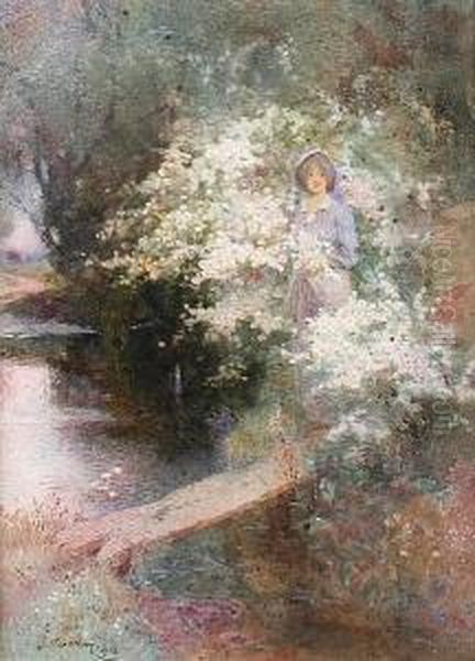 Girl By Hawthorn Blossom At The Water's Edge Oil Painting by Thomas Mackay