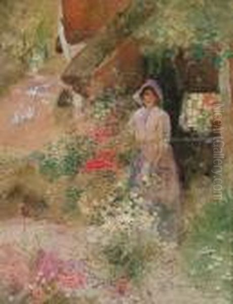 The Valley Cottage - A Woman Picking Flowers Oil Painting by Thomas Mackay