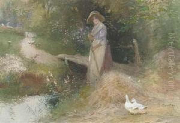 Feeding The Ducks; And Gathering The Hay (illustrated) Oil Painting by Thomas Mackay