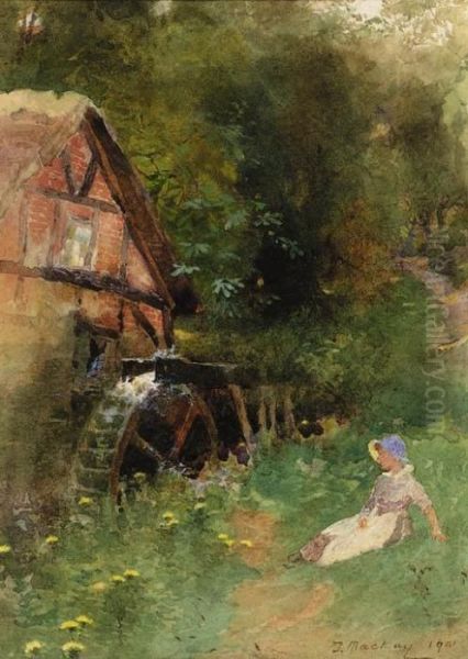 A Young Girl Seated Near A Watermill by Thomas Mackay