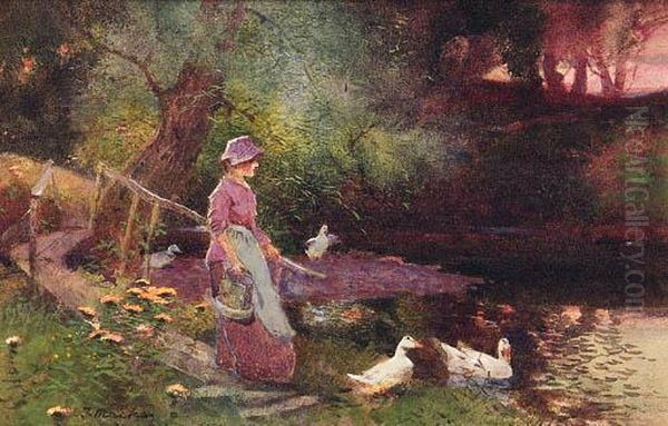 A Young Girl Beside A Duck Pond; And A Young Girl In A Flowerfield Oil Painting by Thomas Mackay