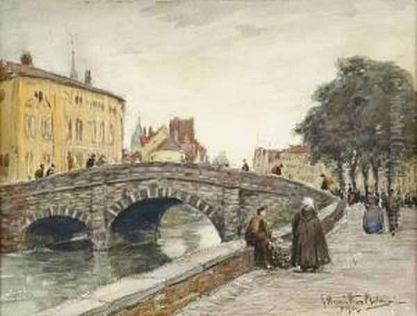 Figures By A Bridge Oil Painting by James Hamilton Mackenzie