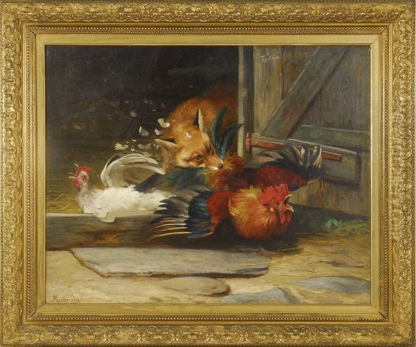 A Fox Invades A Henhouse Oil Painting by Adolf Henrik Mackeprang