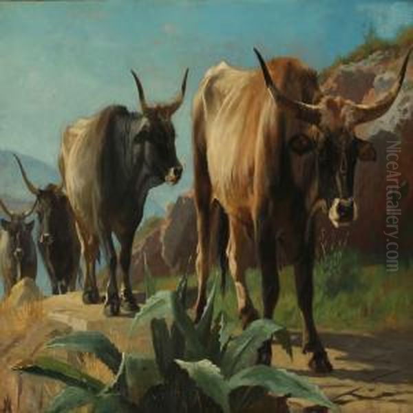 A Herd Of Oxen On A Mountain Trail In Olevano, Italy Oil Painting by Adolf Henrik Mackeprang