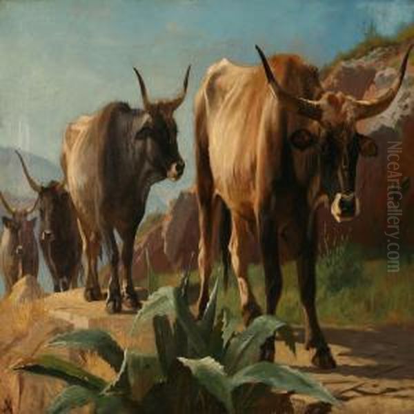 A Herd Of Oxen Wandering Off On A Mountain Trail In Olevano,italy Oil Painting by Adolf Henrik Mackeprang