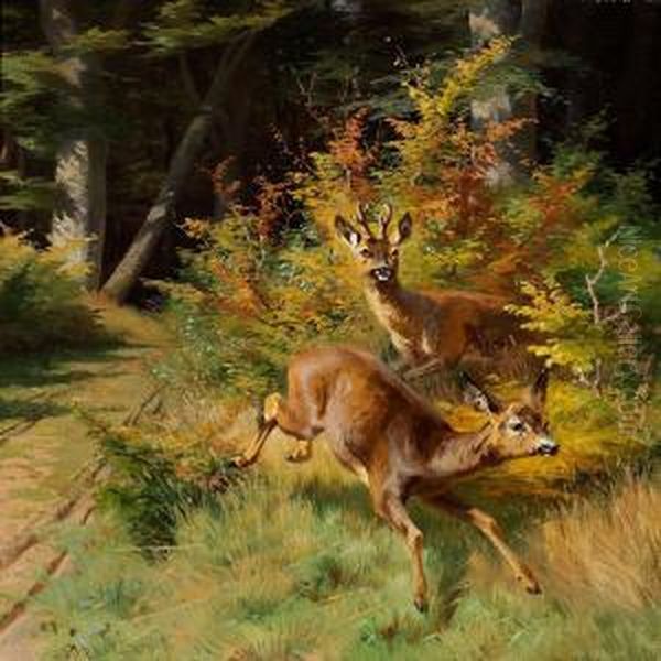 Deer In The Woods Oil Painting by Adolf Henrik Mackeprang