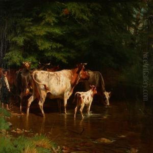 Cows Drinking Water Oil Painting by Adolf Henrik Mackeprang