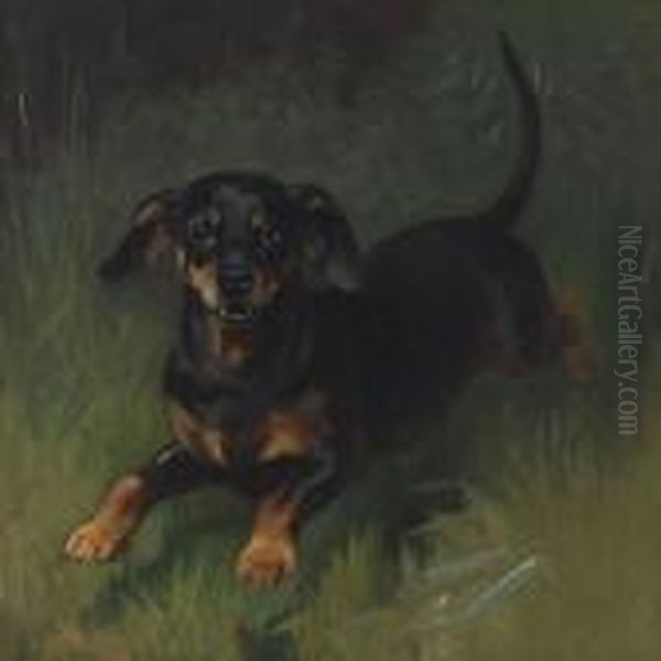 Dachshund Oil Painting by Adolf Henrik Mackeprang