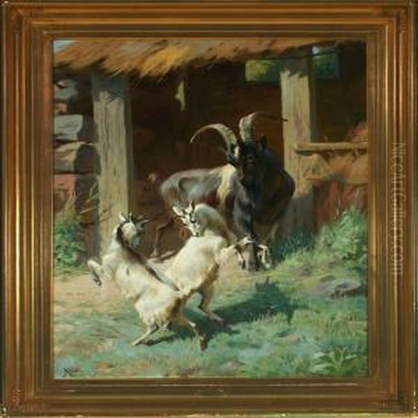 Goat Watching Twokids Playing Oil Painting by Adolf Henrik Mackeprang