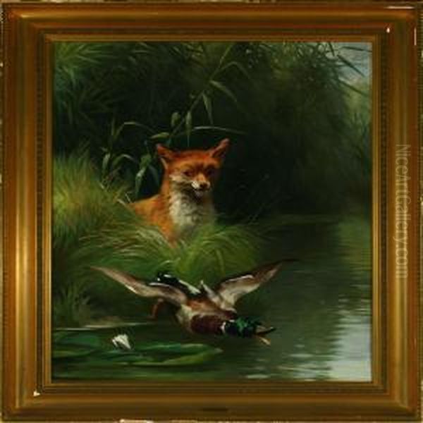 Fox Hunting Scared Duck Oil Painting by Adolf Henrik Mackeprang