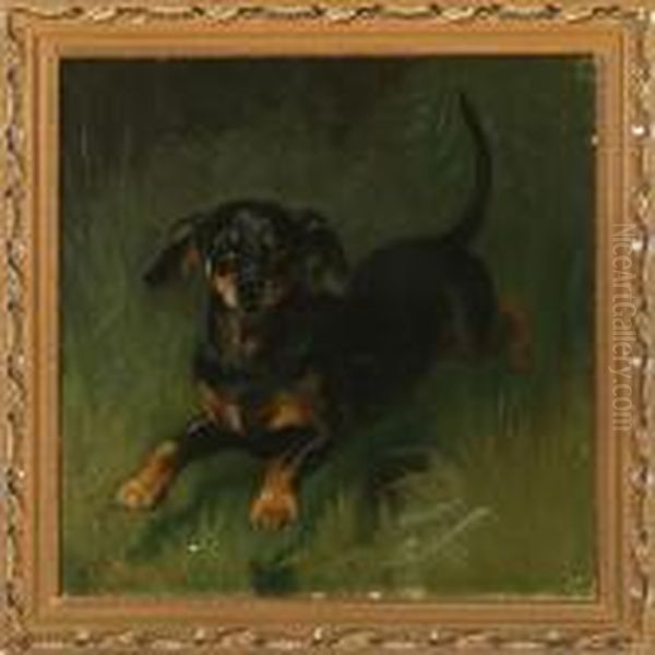 A Dachshund Oil Painting by Adolf Henrik Mackeprang