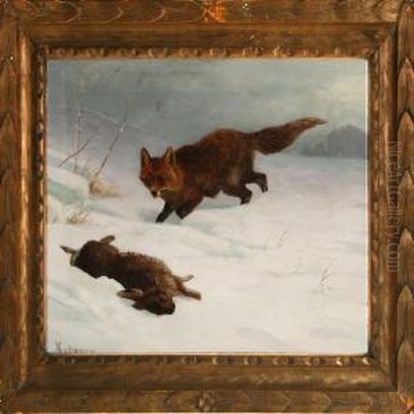 Snowscape With Fox And Hare Oil Painting by Adolf Henrik Mackeprang