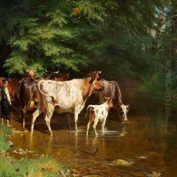 The Cows Are Being Watered Oil Painting by Adolf Henrik Mackeprang