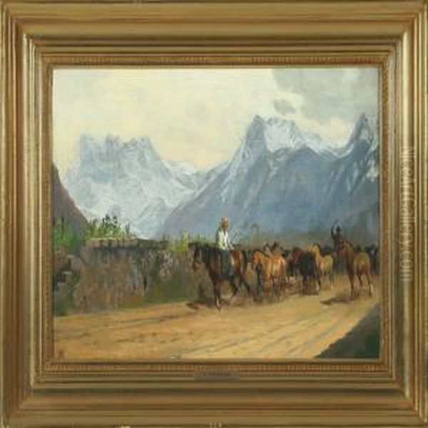 Horses At A Bridge Oil Painting by Adolf Henrik Mackeprang