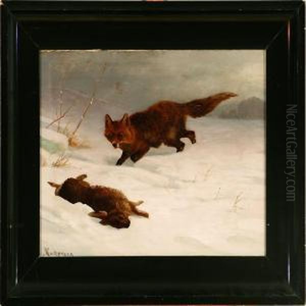 A Fox In A Winter Landscape Oil Painting by Adolf Henrik Mackeprang