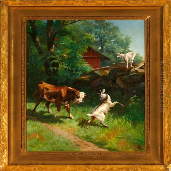 A Calf And Goats Playing On A Summer Day In Scania (skane), Sweden Oil Painting by Adolf Henrik Mackeprang