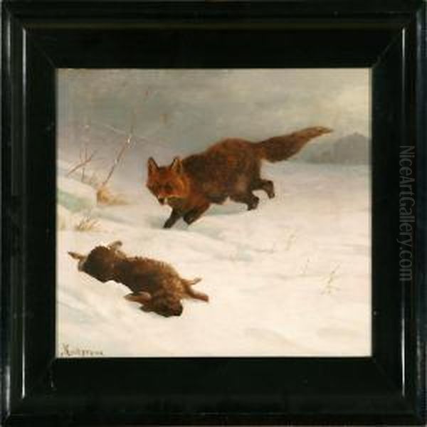 A Fox In A Winterlandscape Oil Painting by Adolf Henrik Mackeprang