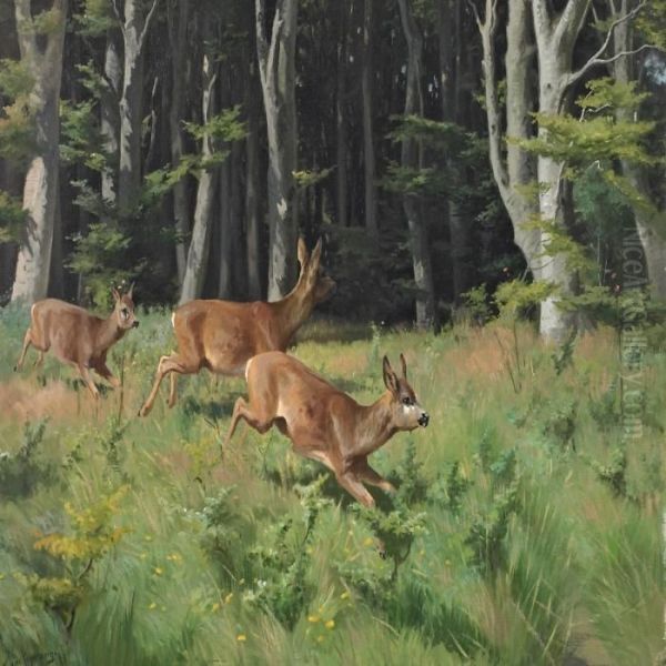 Deers At The Egde Ofthe Forrest Oil Painting by Adolf Henrik Mackeprang