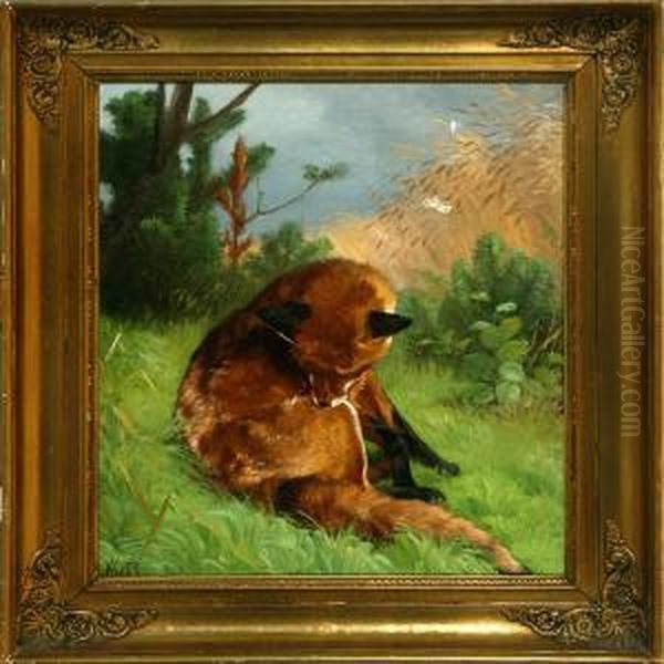 A Fox By A Field. Signed With Monogram Oil Painting by Adolf Henrik Mackeprang