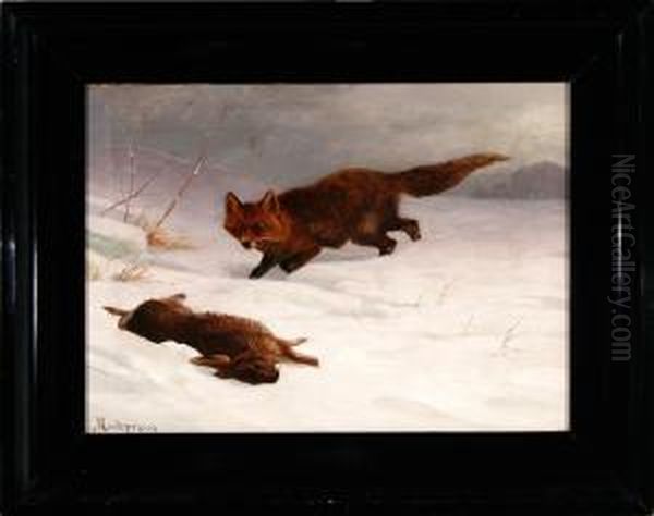 A Fox And A Hare In A Winter Landscape Oil Painting by Adolf Henrik Mackeprang