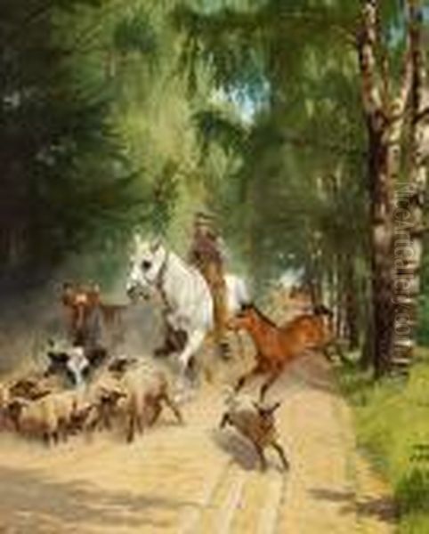 A Horseman With Sheep, Cows And Foal Oil Painting by Adolf Henrik Mackeprang