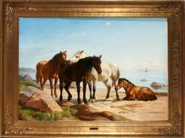 Horses On A Beach Oil Painting by Adolf Henrik Mackeprang