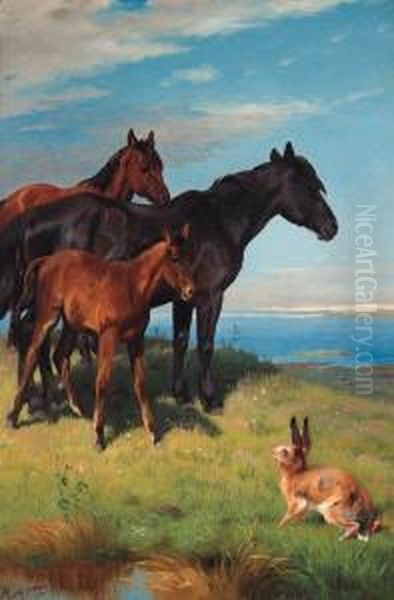 Ponies And A Hare Overlooking The Sea Oil Painting by Adolf Henrik Mackeprang