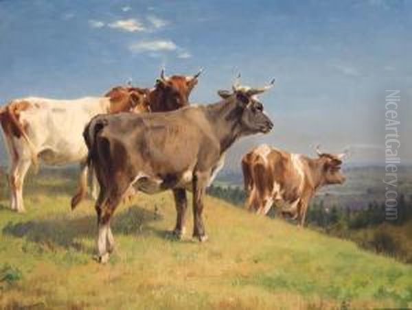 Cows On A Hillside Oil Painting by Adolf Henrik Mackeprang