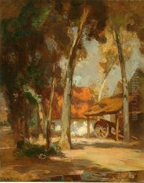 A Sunlit Farmyard With A Figure At Rest Under Trees Oil Painting by Charles Hodge Mackie