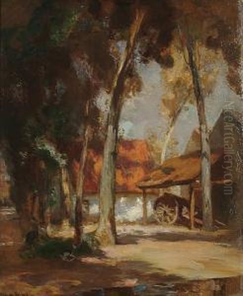 A View Through Trees To A Framyard Oil Painting by Charles Hodge Mackie