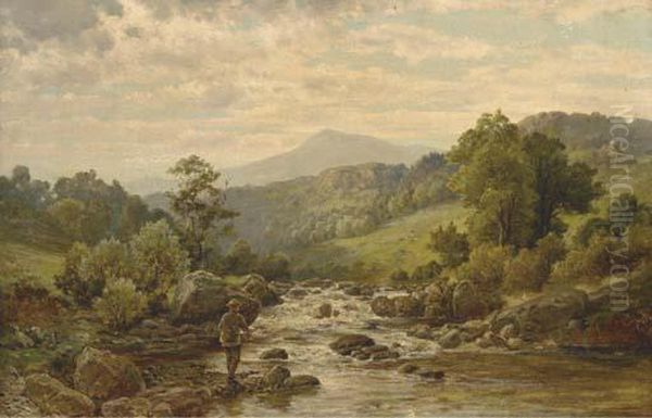 Angling On A Rocky Riverbank Oil Painting by Thomas Eyre Macklin