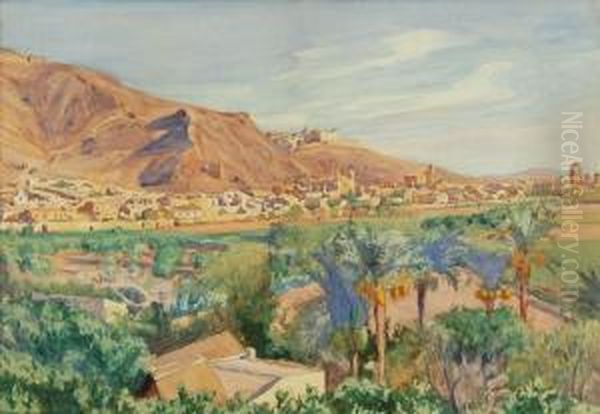 Orihuelia From A Distance A 
Southwestern View Of A Village With Palm Trees In Foreground And Distant
 Mountains. Oil Painting by Dodge Macknight