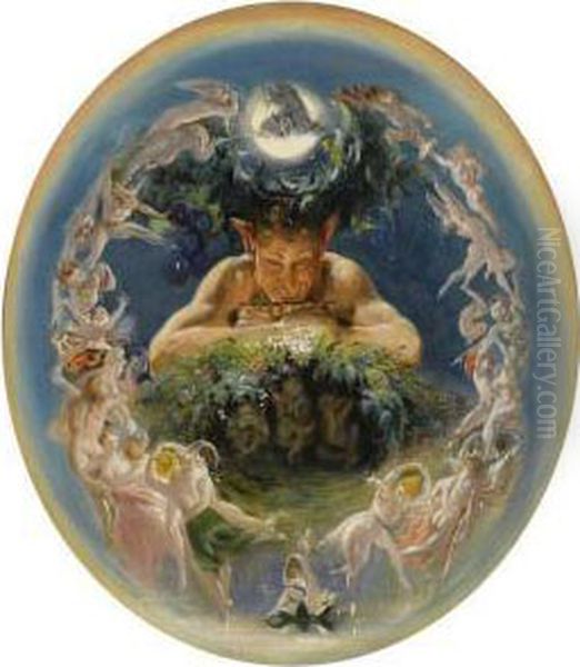 Pan And The Dancing Fairies (the Faun And The Fairies) Oil Painting by Daniel Maclise