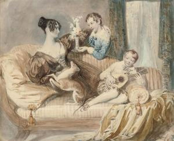 A Portrait Of Julia Shaw With Her Two Sons And A Whippet Oil Painting by Daniel Maclise